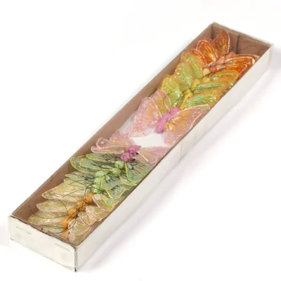 Pillangók dobozban, beszúrható, csillogó, színes, 5,5cm, 24db