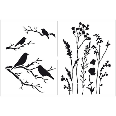Stencil, 21x29,7 cm - Növények-madarak