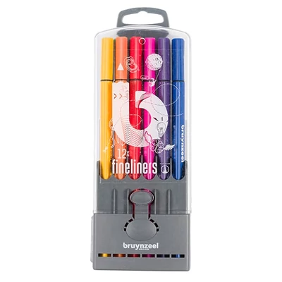 Bruynzeel Fineliner tűfilc készlet műanyag tartóban - 12 db, alap színek