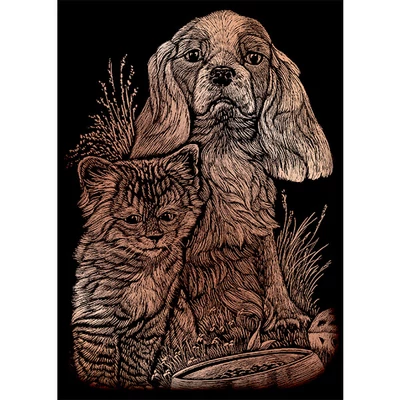Karckép gravírozó készlet karctűvel, 12x18 cm - Cica, kutya, réz