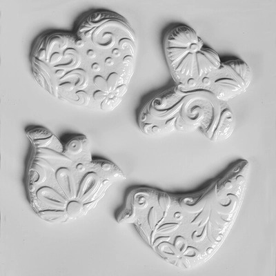 Hobbyművész műanyag öntőforma - tavaszi formák, szív, tulipán, pillangó, madár, 4 db