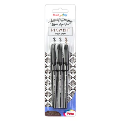 Pentel Brush Sign Pen Pigment ecsetfilc készlet, 3 db (szépia, szürke, fekete)