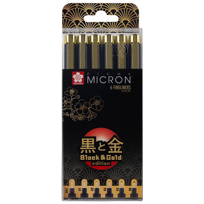Sakura Pigma Micron műszaki rajztoll készlet - 6 db, Black &amp; Gold Edition