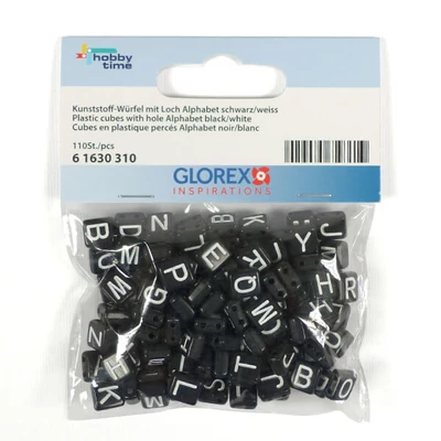 Műanyag betűgyöngy, 7x8 mm - fekete-fehér, kétlyukú