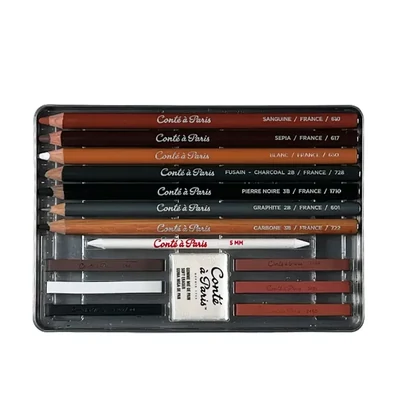 Conté vázlatceruza és pittkréta készlet - Sketching set, 15 db, fémdobozos