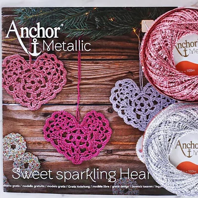 Horgolókészlet, Anchor Metallic - Szívek, rózsaszín, pink, ezüst