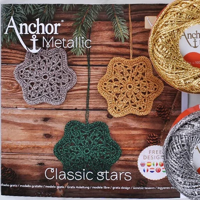 Horgolókészlet, Anchor Metallic - Csillagok, arany, antikezüst, zöld,