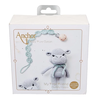 Horgolókészlet, Anchor Baby Pure Cotton Amigurumi figura - Bújós víziló és cumiőr