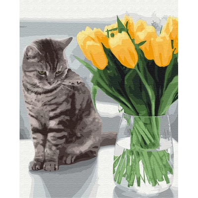 Számozott kifestő készlet, feszített vásznon, 40x50 cm - Cica tulipánokkal