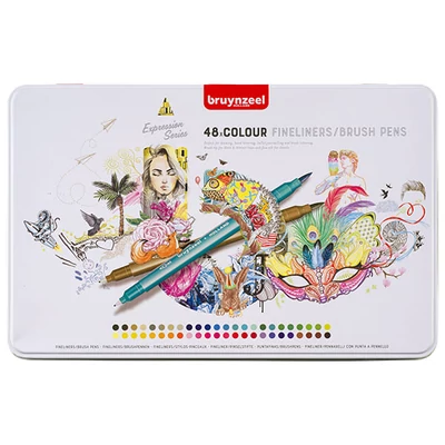 Bruynzeel Fineliner Brush pen kétvégű filctoll készlet - 48 db, fémdobozos