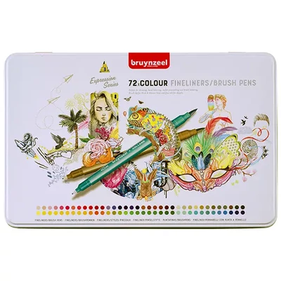 Bruynzeel Fineliner Brush pen kétvégű filctoll készlet - 72 db, fémdobozos