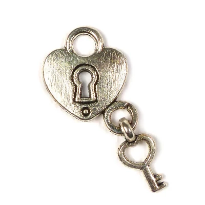 Charm fémdísz, 4 db - szív lakat kulccsal, 3D