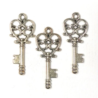 Charm fémdísz, 3 db - kulcs, indás, 3D