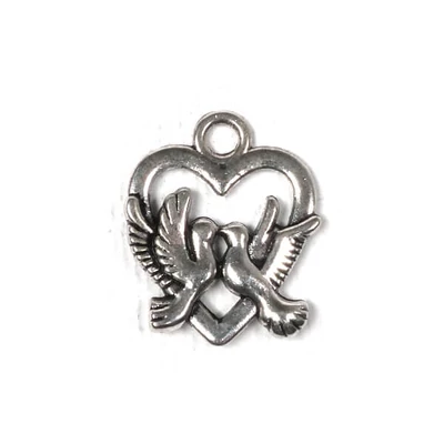 Charm fémdísz, 3 db - szív galambpárral, 3D