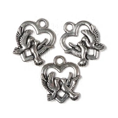 Charm fémdísz, 3 db - szív galambpárral, 3D