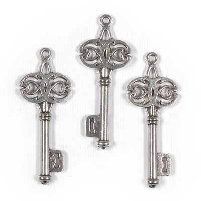 Charm fémdísz, 3 db - kulcs, dupla szíves