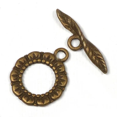 Charm fémdísz, 2 pár - T-kapocs, virágos-leveles, antik