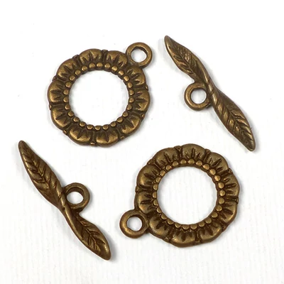 Charm fémdísz, 2 pár - T-kapocs, virágos-leveles, antik
