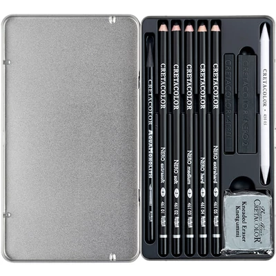 Cretacolor Nero Deep Black Drawing Set rajzkészlet, 10 db-os, fémdobozos