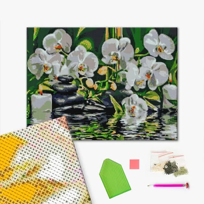 Gyémánt mozaik kirakó, feszített vásznon, 40x50 cm - Nyugalom az orchideák közelében