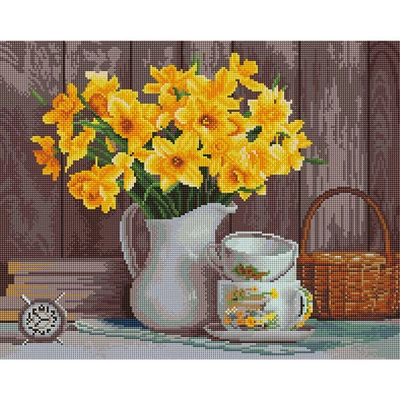 Gyémánt mozaik kirakó, feszített vásznon, 40x50 cm - Nárcisz csendélet