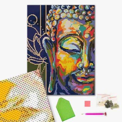 Gyémánt mozaik kirakó, feszített vásznon, 40x50 cm - Színes Buddha