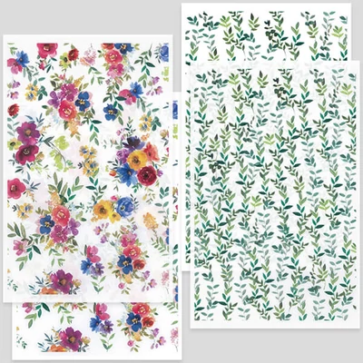 Transzfer papír süthető gyurmához, 9x14 cm, 2x2 db - virágcsokrok, levélindák - multicolor, zöld