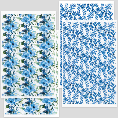 Transzfer papír süthető gyurmához, 9x14 cm, 2x2 db - virágok, futónövények - kék