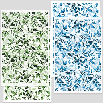 Transzfer papír süthető gyurmához, 9x14 cm, 2x2 db - levélindák - zöld, kék