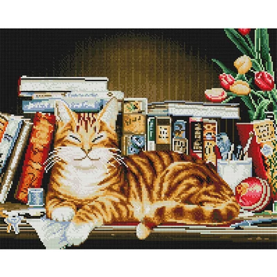 Gyémánt mozaik kirakó, feszített vásznon, 40x50 cm - Macska a könyvespolcon