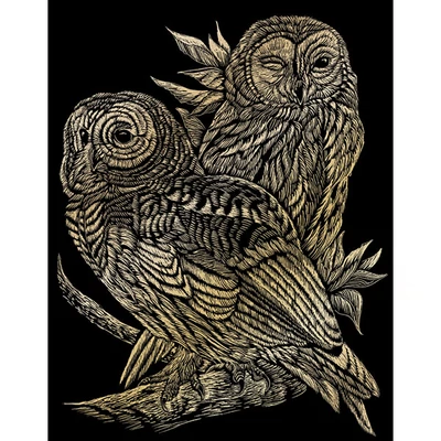 Karckép gravírozó készlet karctűvel, 20x25 cm - Baglyok, arany