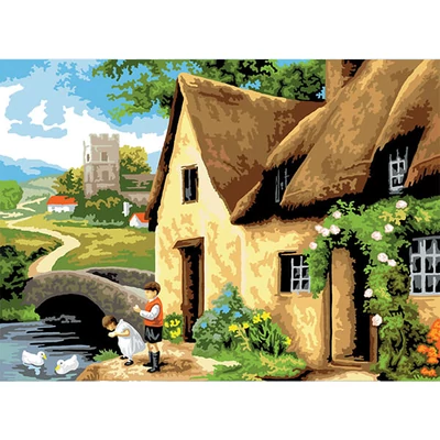Számozott kifestő készlet, akrilfesték+ecset, 29x39 cm - Házikó a folyó mellett