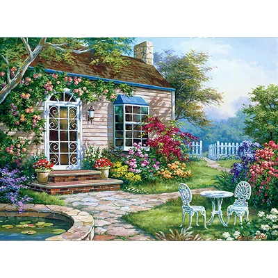 Számozott kifestő készlet, akrilfesték+ecset, 29x39 cm - Tavaszi terasz