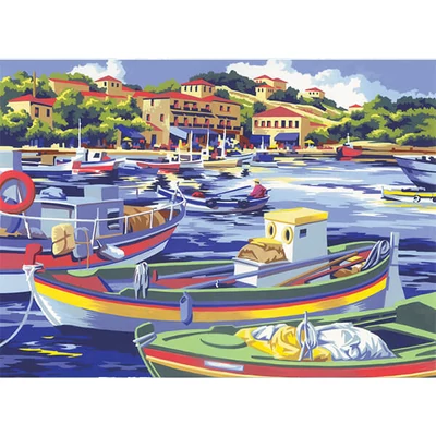 Számozott kifestő készlet, akrilfesték+ecset, 29x39 cm - Mediterrán halászhajók