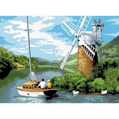 Számozott kifestő készlet, akrilfesték+ecset, 29x39 cm - Szélmalom a folyón