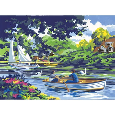 Számozott kifestő készlet, akrilfesték+ecset, 29x39 cm - Csónakázás a folyón