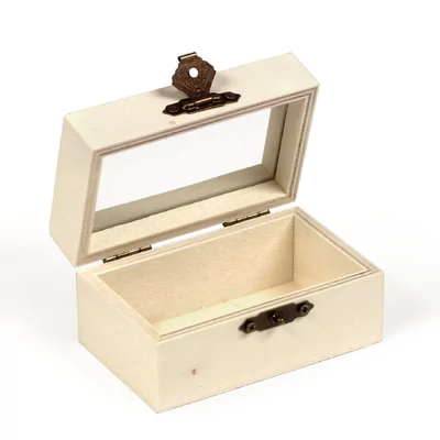 Fa mini doboz - téglalap, üvegbetétes, 9x5,5x5 cm