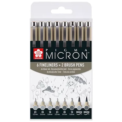 Sakura Pigma Micron műszaki rajztoll és ecsetfilc készlet - 6+2 db, szürke árnyalatok