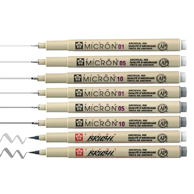 Sakura Pigma Micron műszaki rajztoll és ecsetfilc készlet - 6+2 db, szürke árnyalatok