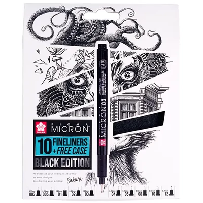 Sakura Pigma Micron műszaki rajztoll készlet - 10 db + tolltartó, Black Edition