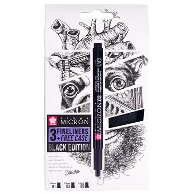 Sakura Pigma Micron műszaki rajztoll készlet - 3 db + tolltartó, Black Edition