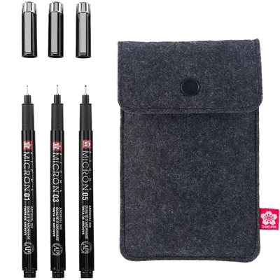 Sakura Pigma Micron műszaki rajztoll készlet - 3 db + tolltartó, Black Edition