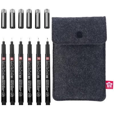 Sakura Pigma Micron műszaki rajztoll készlet - 6 db + tolltartó, Black Edition	