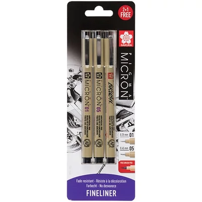 Sakura Pigma Micron műszaki rajztoll és ecsetfilc készlet - 3 db