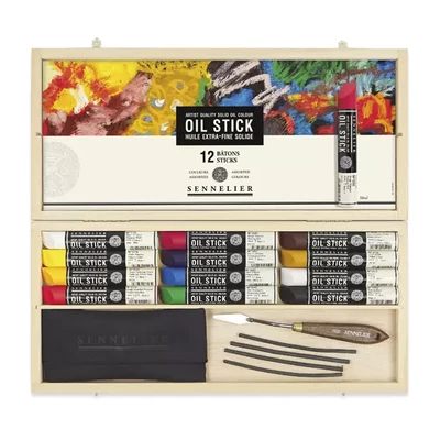 Sennelier Oil Stick olajfesték rúd készlet kiegészítőkkel - 12x38 ml, fadobozos