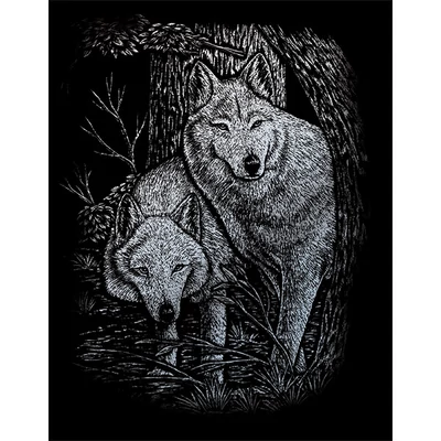 Karckép gravírozó készlet karctűvel, 20x25 cm - Farkasok, ezüst