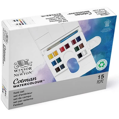 Winsor&amp;Newton Cotman akvarellfesték készlet, 14x1/2 szilke + ecset - Field