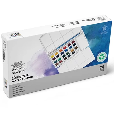 Winsor&Newton Cotman akvarellfesték készlet, 24x1/2 szilke + ecset - Travel