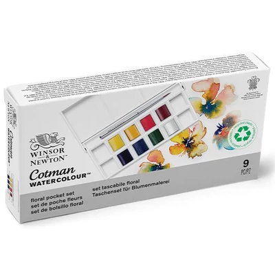 Winsor&amp;Newton Cotman Pocket Set akvarellfesték készlet, 8x1/2 szilke + ecset - Floral