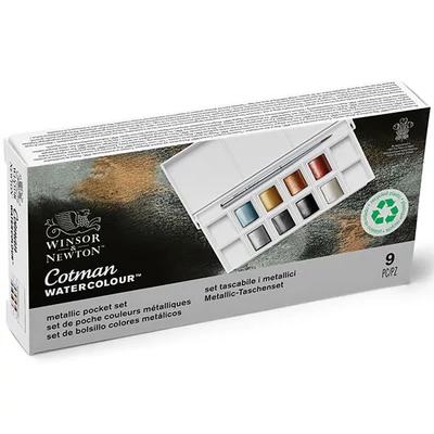 Winsor&amp;Newton Cotman Pocket Set akvarellfesték készlet, 8x1/2 szilke + ecset - Metallic
